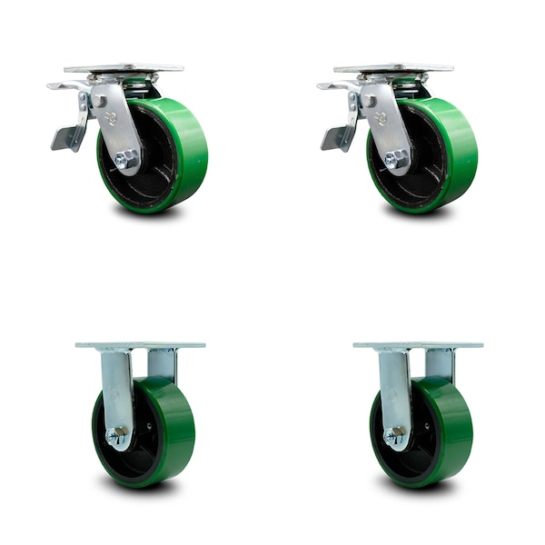 5 Inch Green Poly on Cast Iron Caster Set with Ball Bearings 2 Brakes 2 Rigid